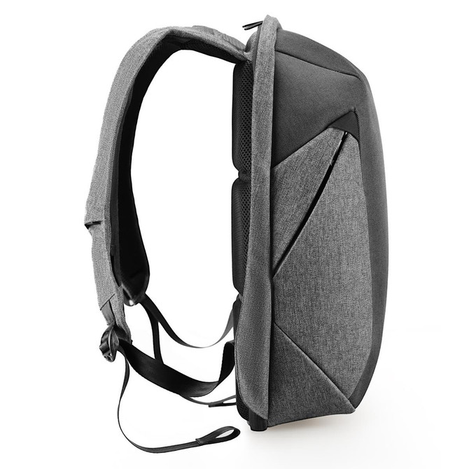 A grey backpack with a sleek design, featuring padded straps and a side pocket, includes branding.