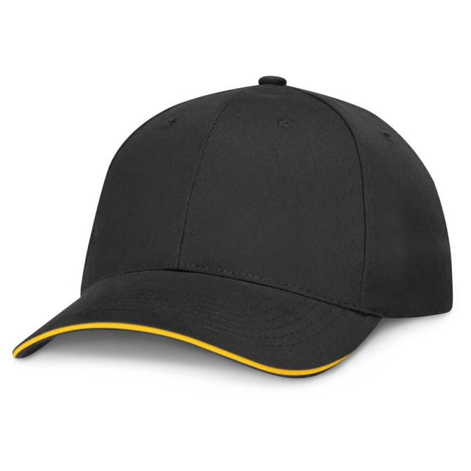 A black cap with a curved visor and yellow trim.