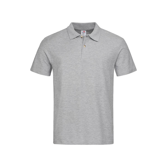 A grey heavyweight polo shirt with a collar and a branding logo on the chest.