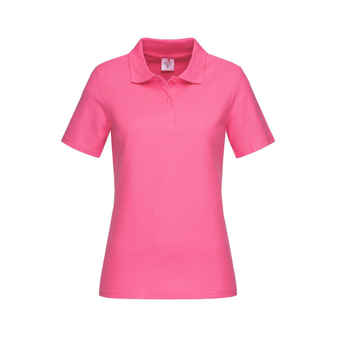 A women's heavyweight polo shirt in bright pink with short sleeves and a classic collar. It features a logo.