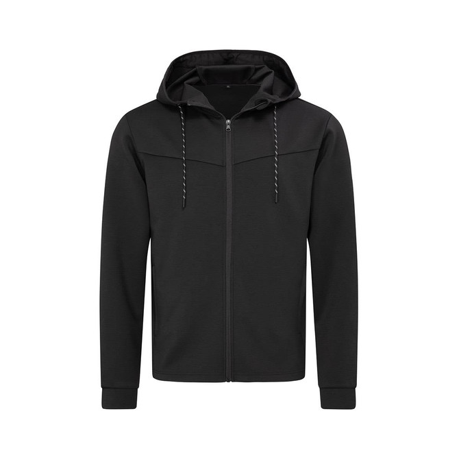 A black men's recycled scuba jacket with a hood and zip-up front, featuring a logo on the chest area.