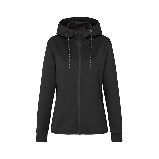 A black women's recycled scuba jacket with a hood, featuring a front zipper and drawstring adjustments.