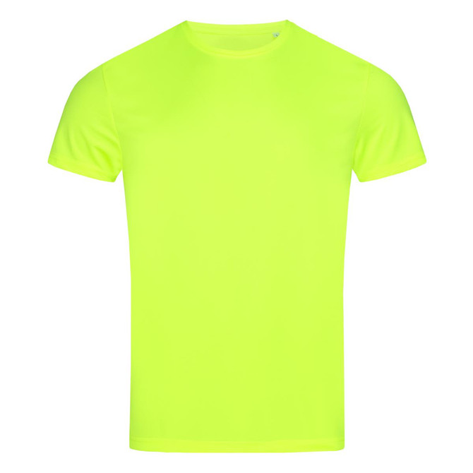 A bright yellow men's active sports T-shirt with short sleeves and a crew neck design, featuring a logo.