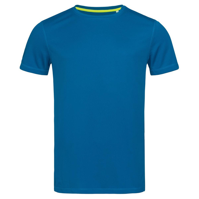 A blue crew neck t-shirt with short sleeves, featuring a branded label. Suitable for active wear.