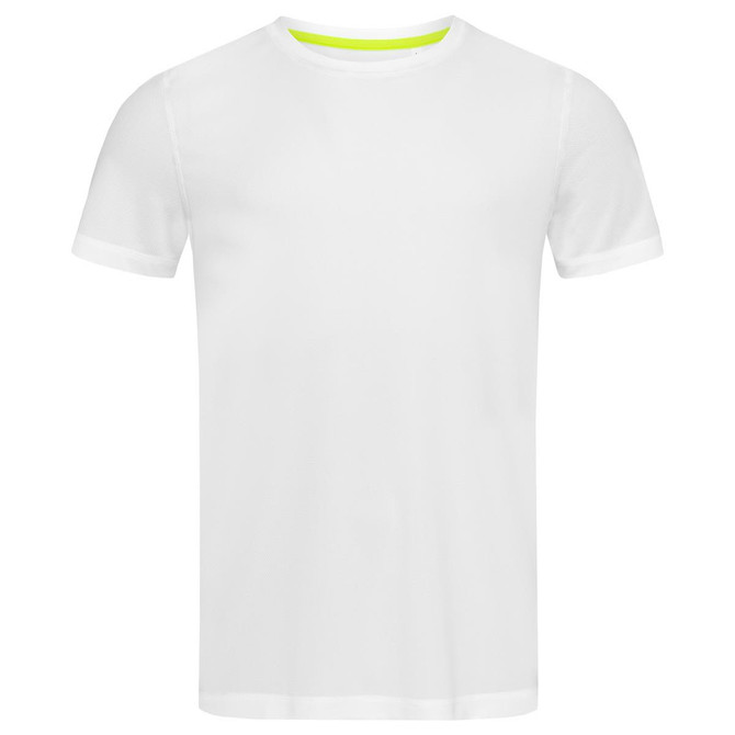 A white crew neck t-shirt with short sleeves, featuring a bright yellow accent inside the neckline and a logo.