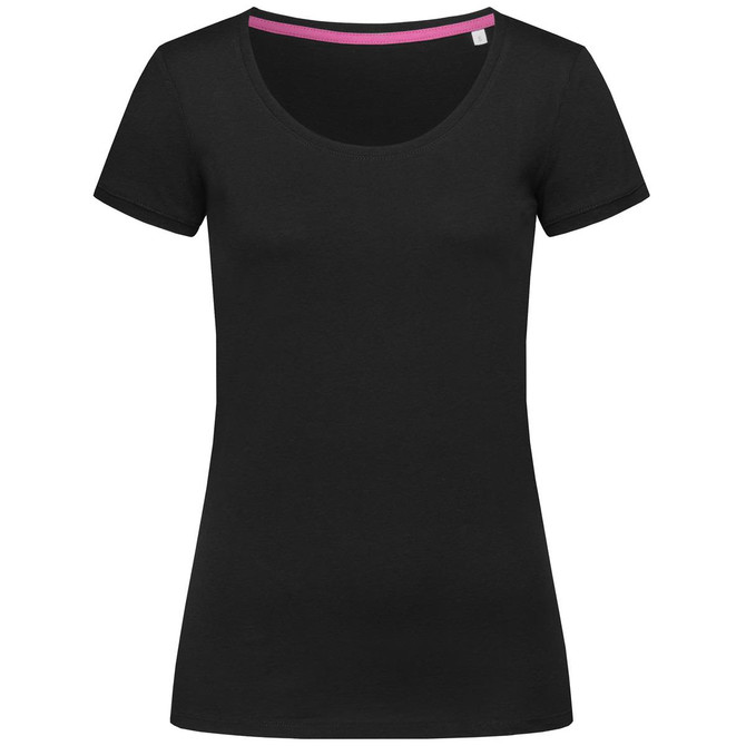 A black women's T-shirt with a crew neck and short sleeves, featuring a contrasting inner neckline and a logo.