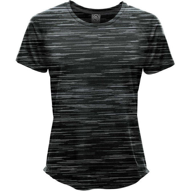 A women's T-shirt in dark green with a textured pattern, featuring a logo at the neckline.