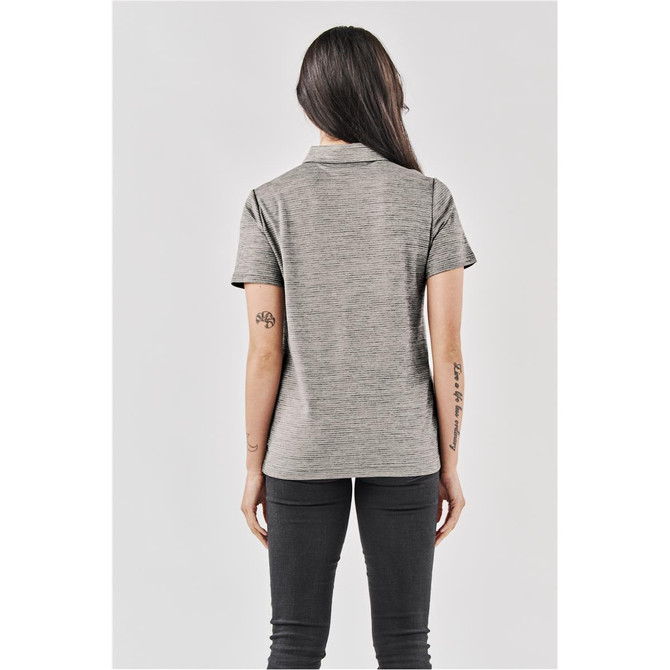 A grey women's polo shirt with a subtle striped pattern, featuring a collar and short sleeves.