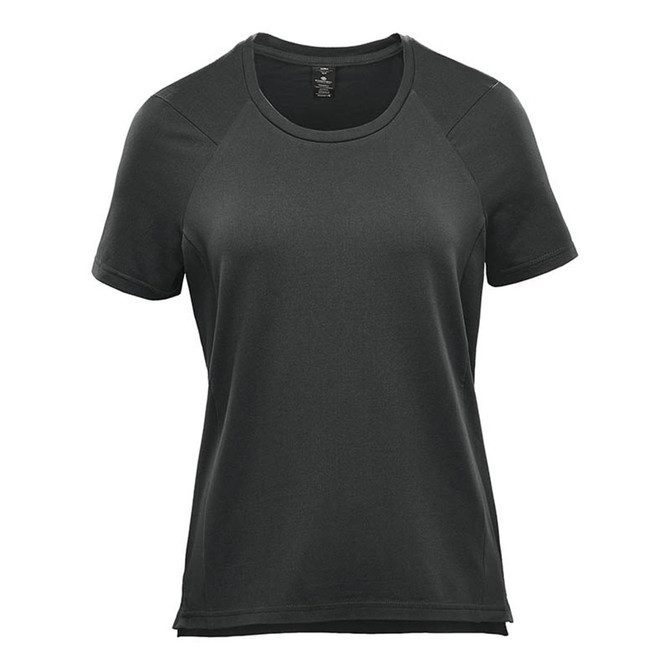 A women's short sleeve tee in dark grey, featuring a simple design and a logo.