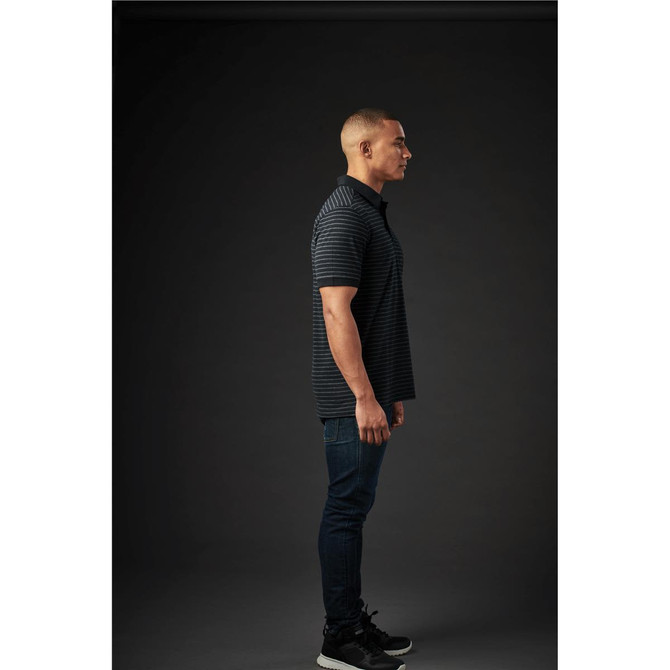 A men's polo shirt in navy with subtle stripes, displayed on a model from the side, featuring a logo.