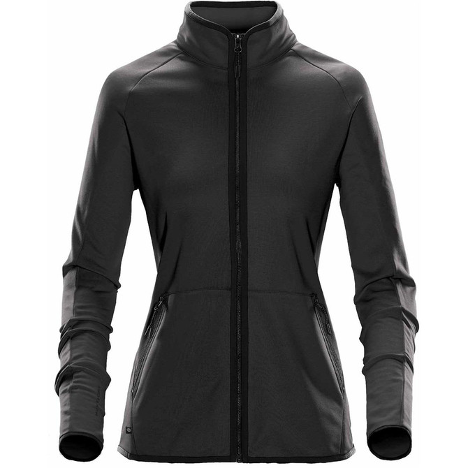 A women's polar fleece jacket in black with a full zip, high collar, and side pockets. Features a logo.