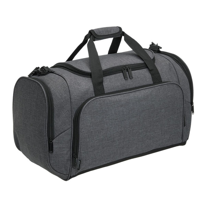 A grey duffle bag with black accents, featuring a handle and zippers, and has a branding logo.