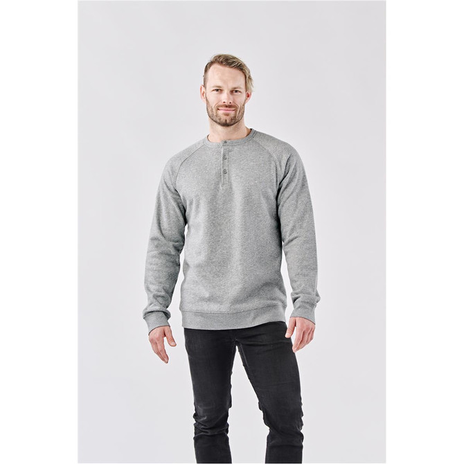 A grey men's Henley shirt with a round neckline and long sleeves, featuring a subtle logo.