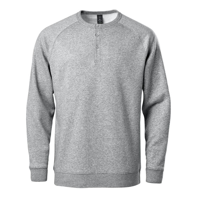 A grey men's henley shirt with a button placket and long sleeves, featuring a logo on the chest.