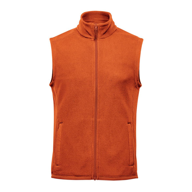 An orange fleece vest featuring a high collar and two front pockets, with a logo on the side.