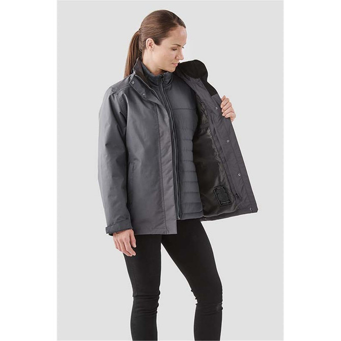 A women's grey Magellan System jacket with a zipped front, displayed partially open to show the interior lining.