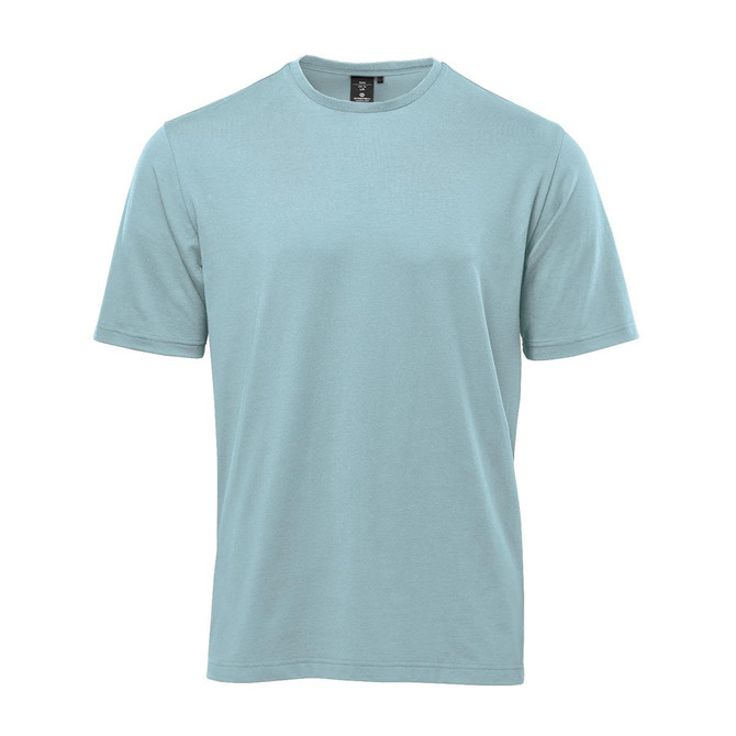 A light blue men's t-shirt with a simple design and short sleeves, featuring a logo on the collar.