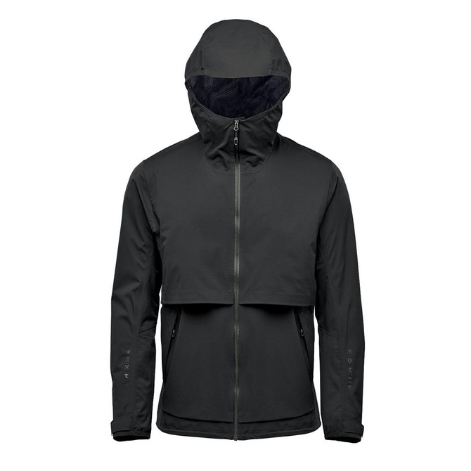 A dark grey technical shell jacket with a hood, featuring a zip closure and a cropped design. Branding is visible.