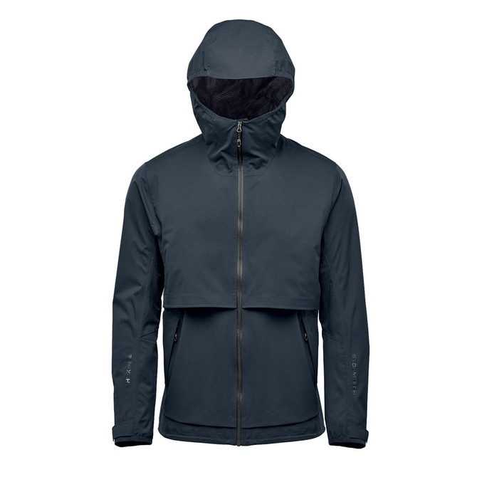 A dark grey, hooded men's rain jacket featuring a zipped front and a cropped design, with a logo present.