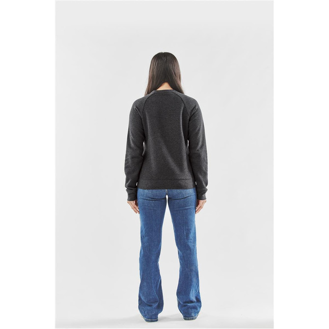 A women's crew neck jumper in dark grey, featuring a classic fit and long sleeves, viewed from the back.