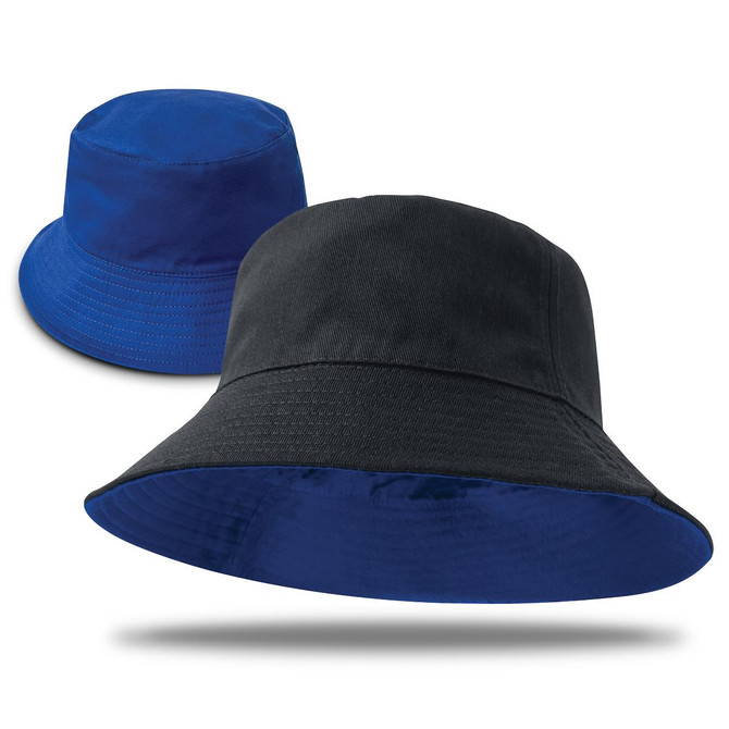 A reversible bucket hat featuring black and blue colours with a simple design and logo.