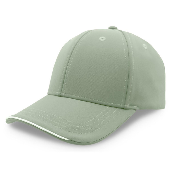 A green cap with a curved brim, featuring a logo on the front and detailing along the edge.