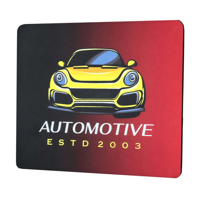 A mouse pad featuring a stylised yellow sports car on a red and black gradient background, with branding.