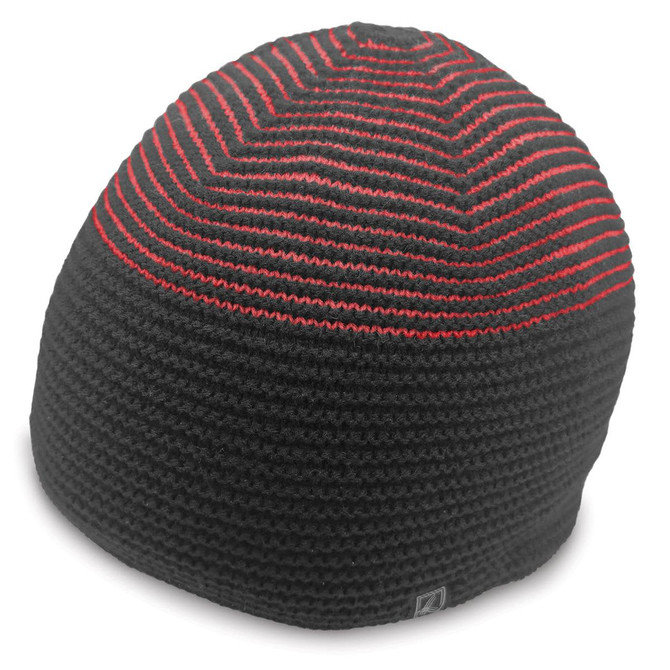 A black and red striped beanie featuring a logo on the side, designed for headwear.