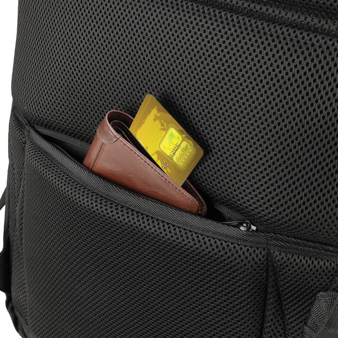 A black backpack featuring a mesh pocket with a wallet and a credit card partially visible inside.