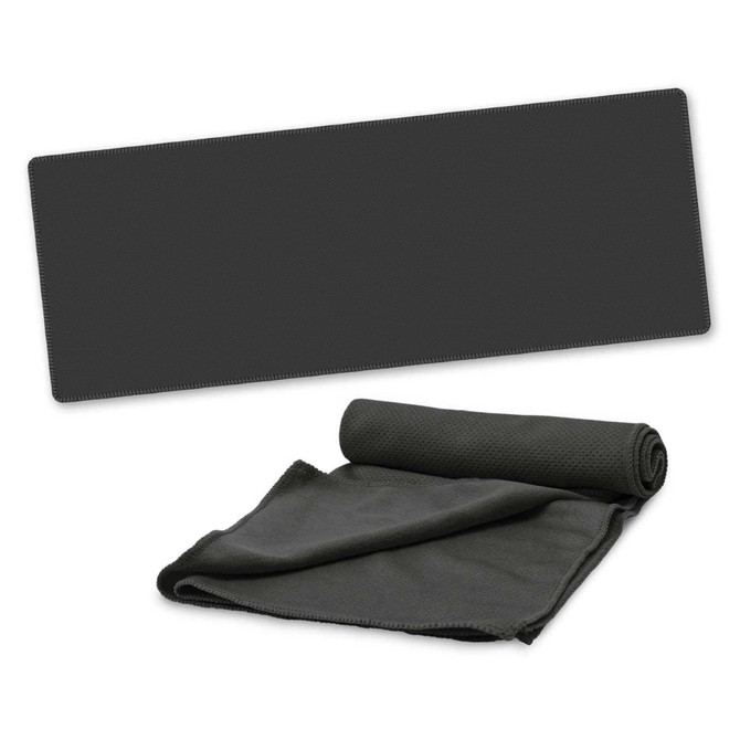 A cooling towel rolled and partially unrolled, presented in a sleek, dark design.