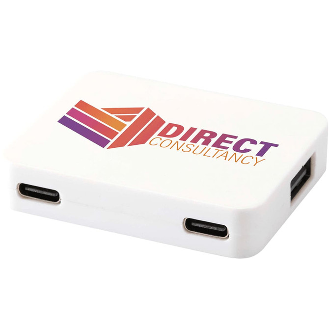 A white 4-port USB hub featuring USB-A and Type-C outputs, with a logo printed on the surface.