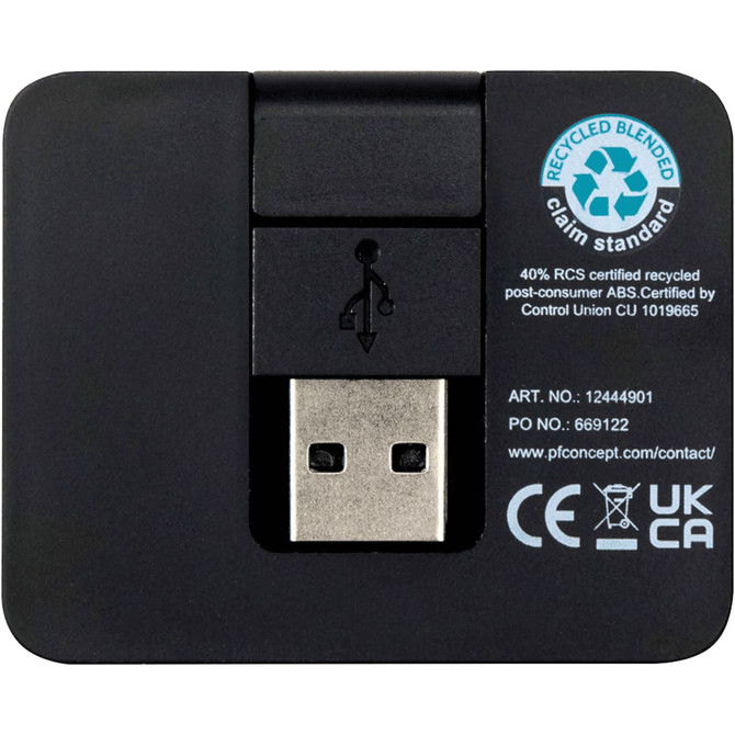 A black USB hub featuring a USB-A port, Type-C output, and dual input, with a small logo visible.