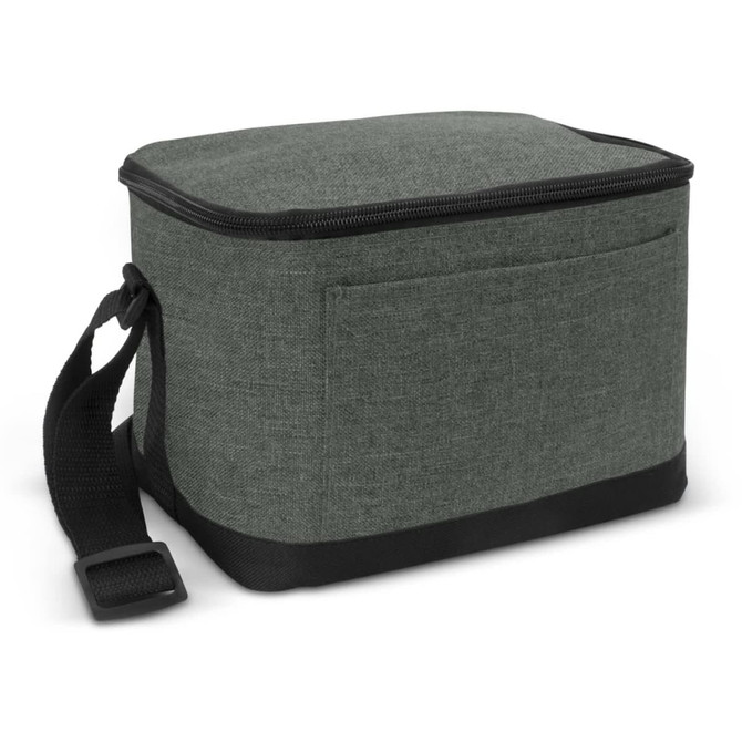 A green cooler bag with a zippered top, a front pocket, and a black base and strap. It features a logo.