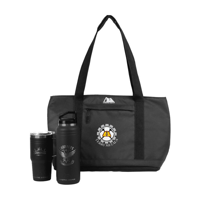 A black tote bag with a logo, containing a stainless steel drink bottle and two tumblers.