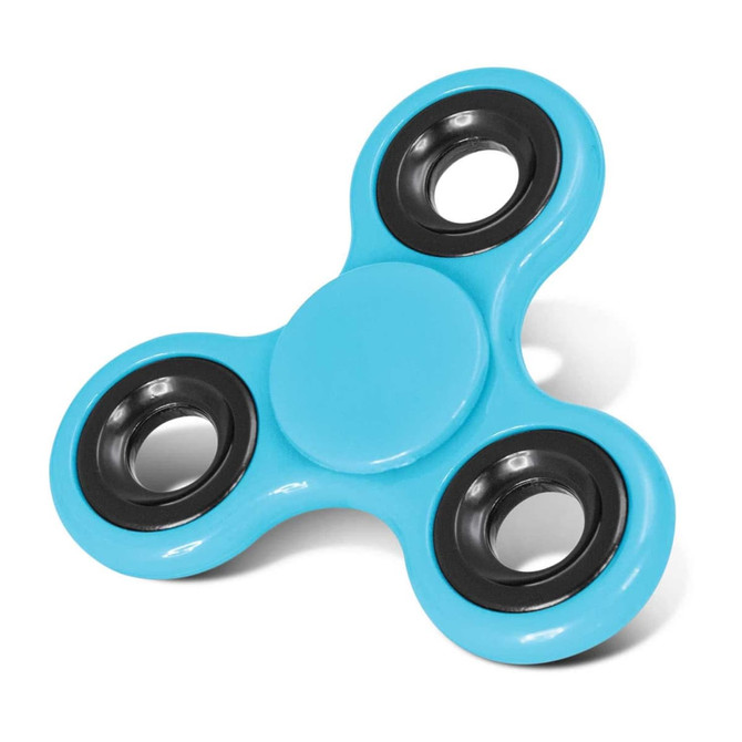 A fidget spinner in a bright blue color with black accents and three arms featuring circular cutouts.