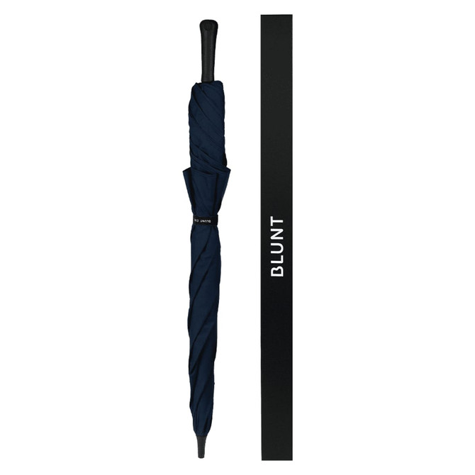 A navy umbrella with a sleek design, featuring a handle and branding on the side.