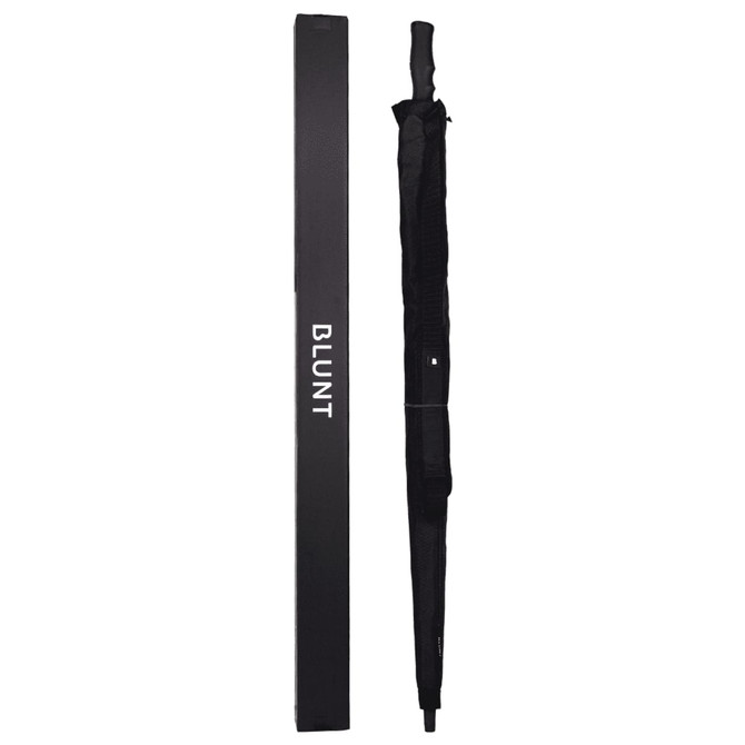 A black sport umbrella and its storage box, featuring a logo and a sleek design.