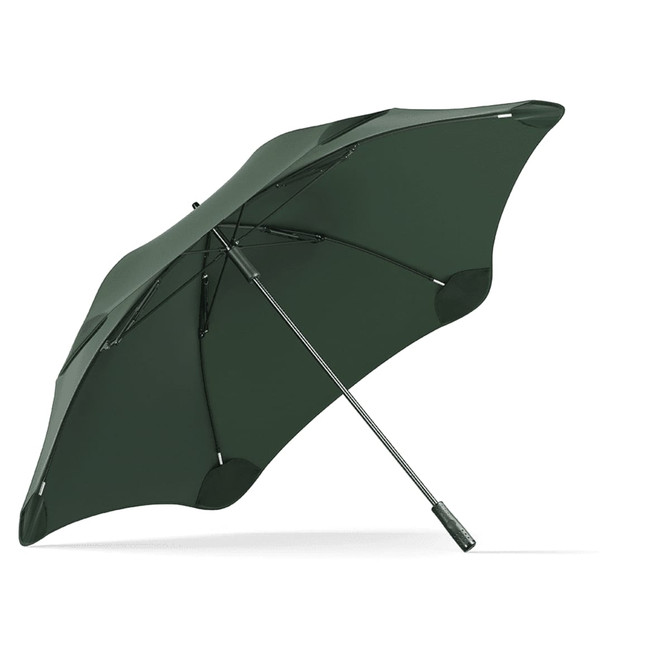 A dark green sport umbrella with a sturdy silver frame and a comfortable grip handle. It features a logo.