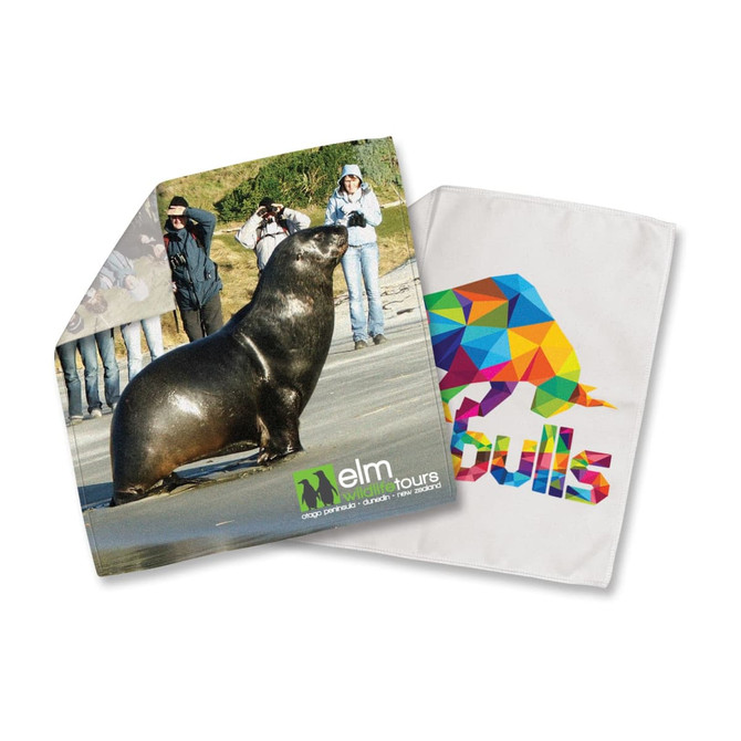 A microfibre polishing cloth featuring a seal on one side and a colourful design on the other, with branding.