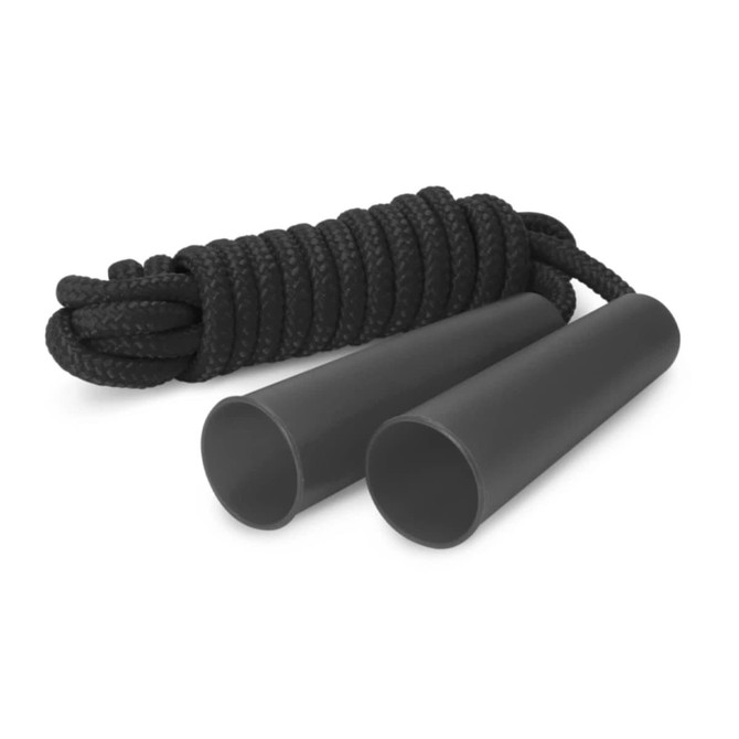 A skipping rope with black handles and a textured black rope, featuring a simple design and a branding logo.