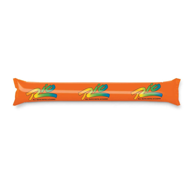 An orange inflatable Thunder Stix with a logo on it.
