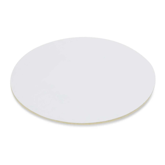 A round cardboard drink coaster in white, featuring a smooth surface and a simple design.