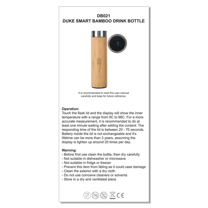 A drink bottle made of bamboo featuring a stainless steel lid, with a digital temperature display and a logo.