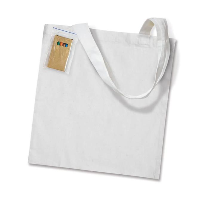 A colouring tote bag featuring a blank canvas design and an attached pack of colour markers.