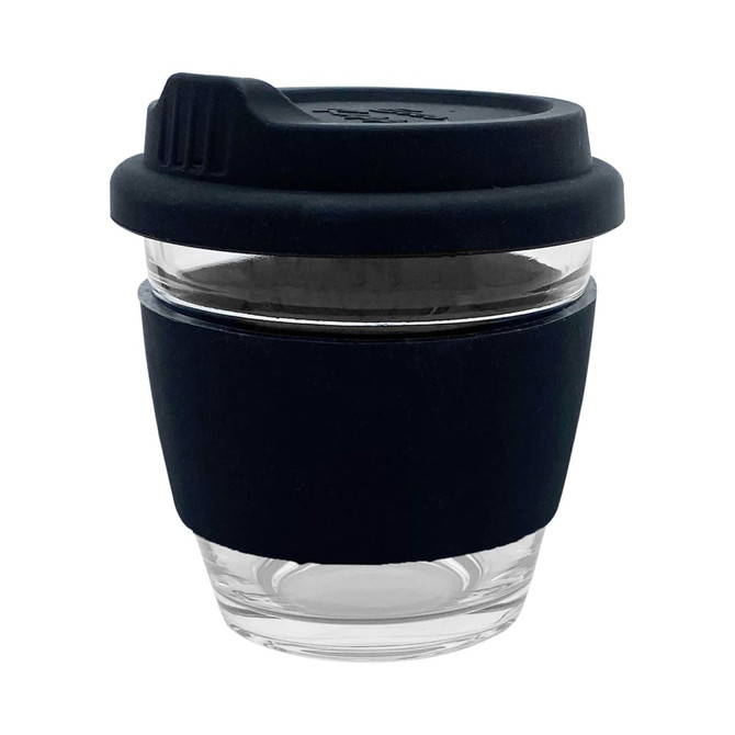 A reusable glass coffee cup with a black silicone sleeve and lid, featuring a clear glass body.