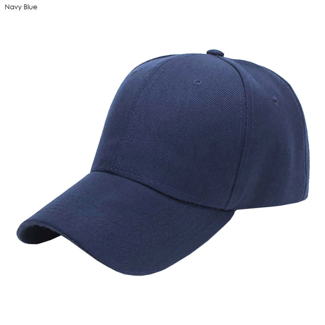 A navy blue heavy acrylic cap featuring a six-panel design and a logo on the front.