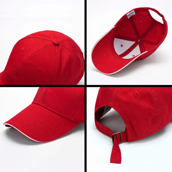 A red cotton sandwich cap featuring a curved brim and an adjustable back strap. It includes an inner lining and a logo.