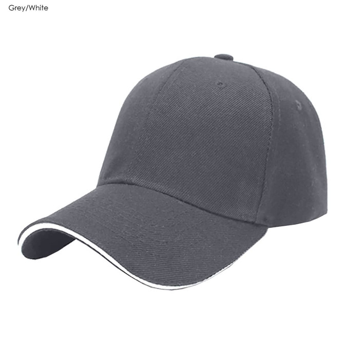 A grey and white 6-panel cotton sandwich cap with a curved brim and a logo.