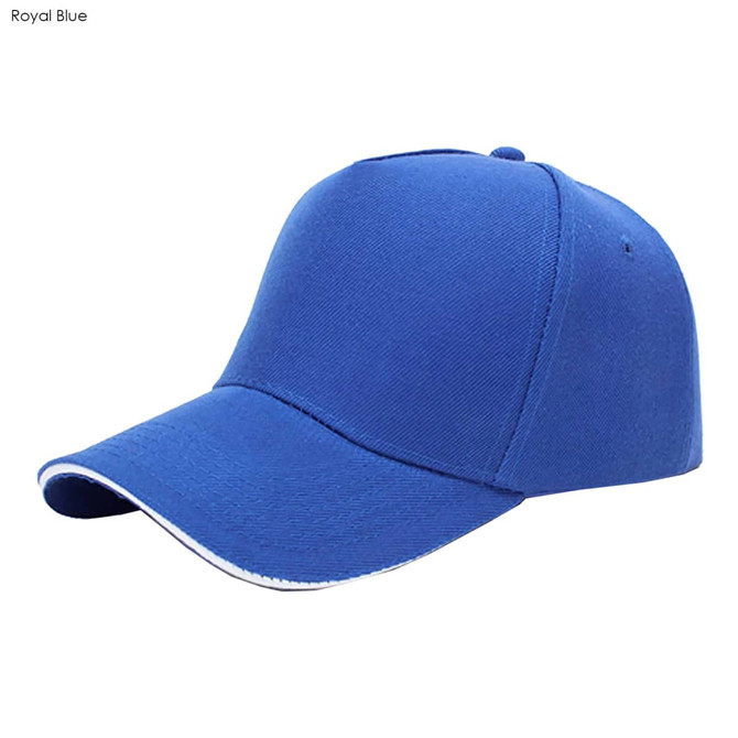 A royal blue 5-panel heavy cotton sandwich cap featuring a logo on the front.