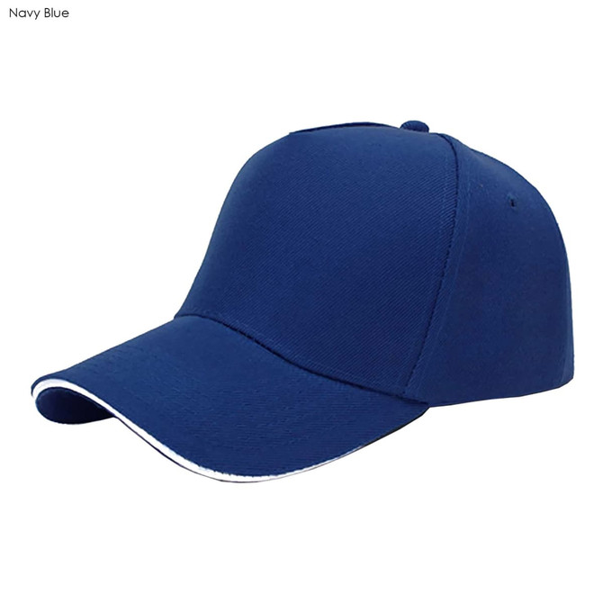 A navy blue heavy cotton sandwich cap featuring a logo. It has a structured six-panel design and a curved brim.